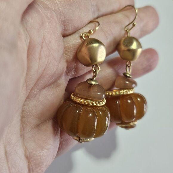 Cato Gold Tone Chunky Tan Beaded Dangling Earrings - Picture 6 of 14